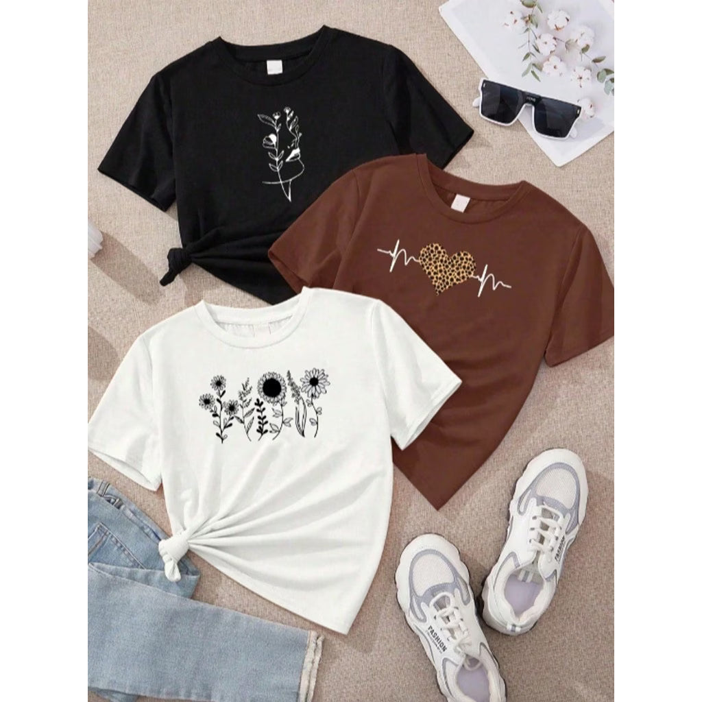 Kit 3 Camisetas Femininas Algodão Estampadas Malha Premium Casual