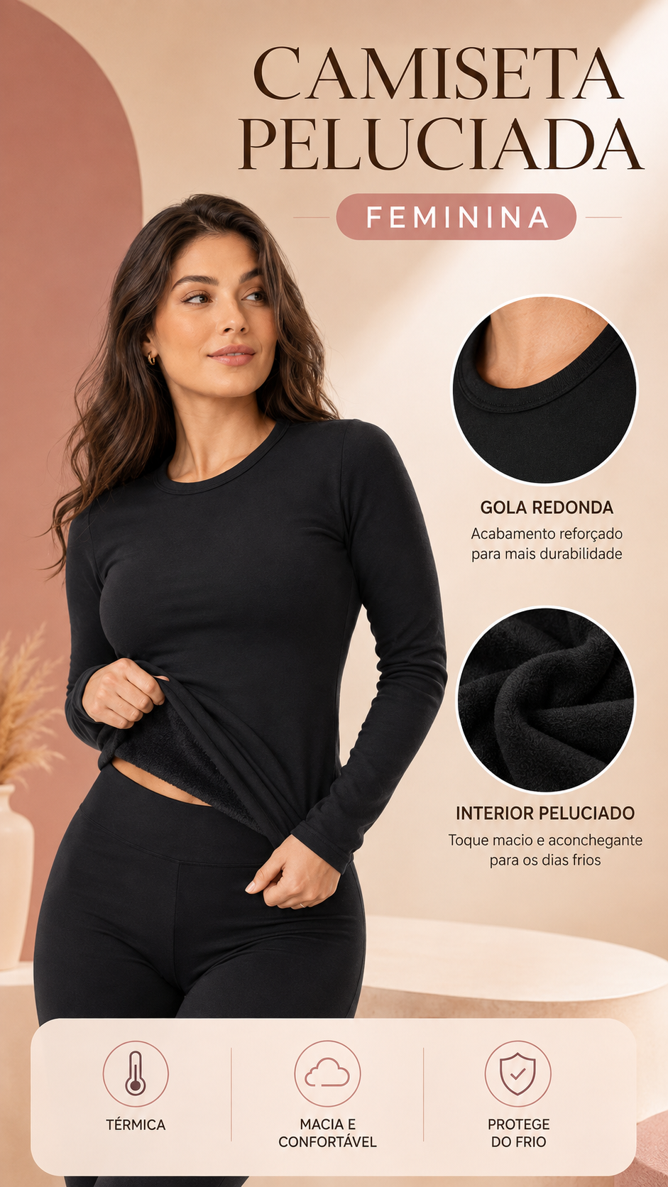Blusa feminina Peluciada básica de inverno com forro térmico de segunda pele e gola redonda.