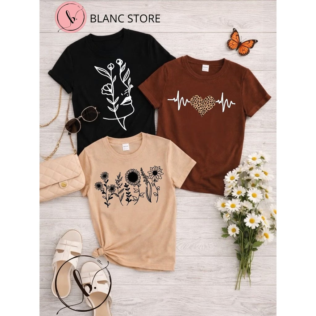 Kit 3 Camisetas Femininas Algodão Estampadas Malha Premium Casual