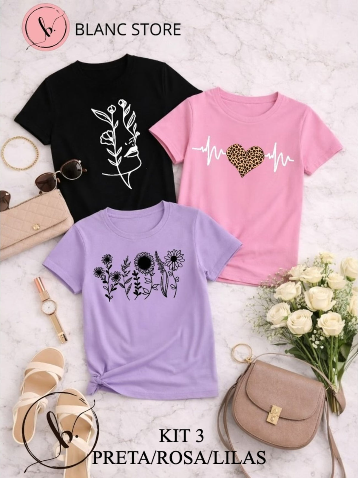 Kit 3 Camisetas Femininas Algodão Estampadas Malha Premium Casual