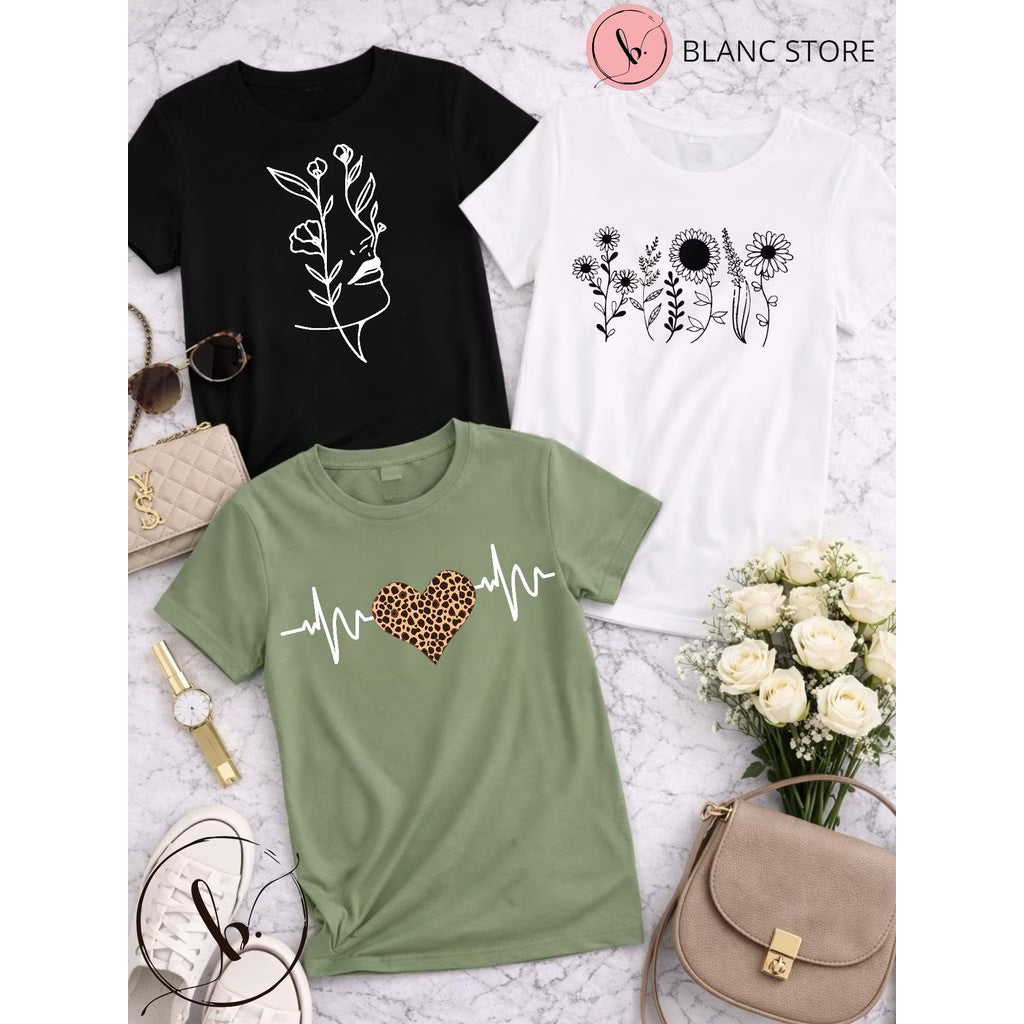 Kit 3 Camisetas Femininas Algodão Estampadas Malha Premium Casual