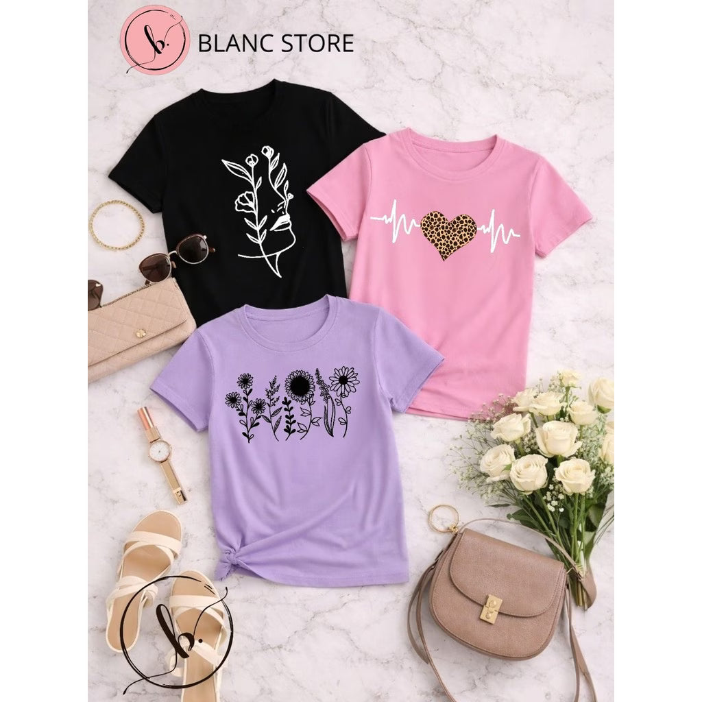 Kit 3 Camisetas Femininas Algodão Estampadas Malha Premium Casual