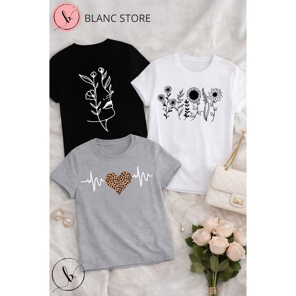 Kit 3 Camisetas Femininas Algodão Estampadas Malha Premium Casual
